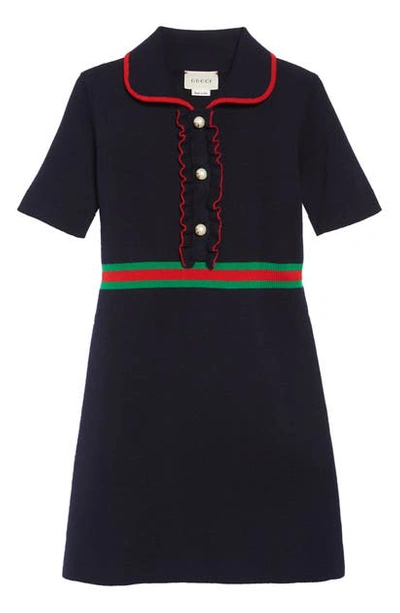 Shop Gucci Merino Wool Polo Dress In Navy/ Shamrock/ L.red