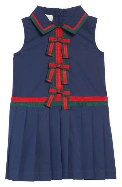 Shop Gucci Web Stripe Grosgrain Trim Pleated Dress In Urban Blue