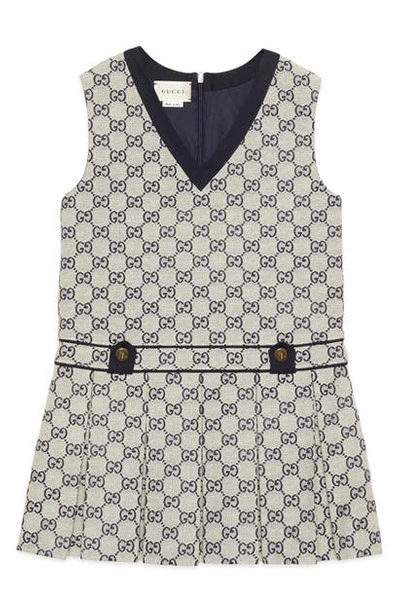 Shop Gucci Gg Logo Sleeveless Cotton Blend Dress In Gardenia/ Dark Blue