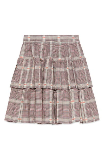 Shop Gucci Logo Glen Plaid Tiered Ruffle Skirt In Off White/ Blue/ Brown
