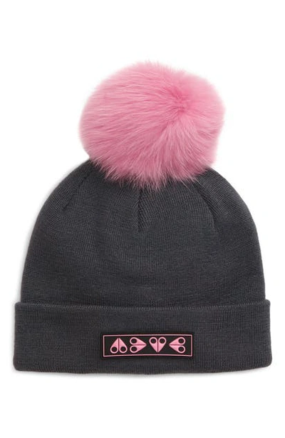 Shop Moose Knuckles Logo Patch Toque Hat With Removable Genuine Fox Fur Pom In Charcoal/ Pink
