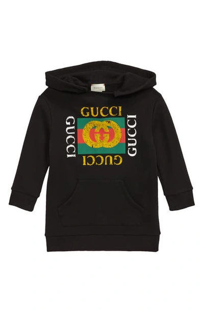 Shop Gucci Long Sleeve Hooded Sweatshirt Dress In Black/ Green/ Red