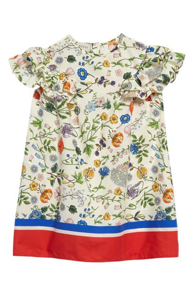 Shop Gucci Floral Flutter Sleeve Cotton Dress In Rice Cream/ Red Print