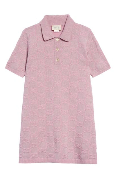 Shop Gucci Metallic Logo Wool Blend Polo Dress In Pink Multicolor