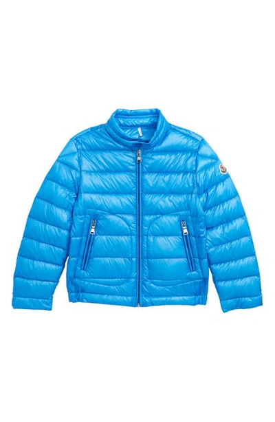 Shop Moncler Acorus Channel Quilted Down Moto Jacket In 726 Blue