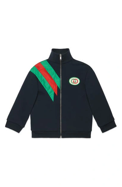 Shop Gucci Logo Patch Zip Jacket In Urban Blue