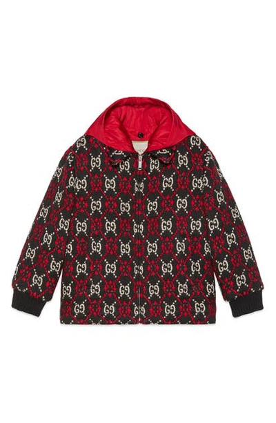 Shop Gucci Gg Logo Hooded Wool Blend Bomber Jacket In Black/ Beige/ Red