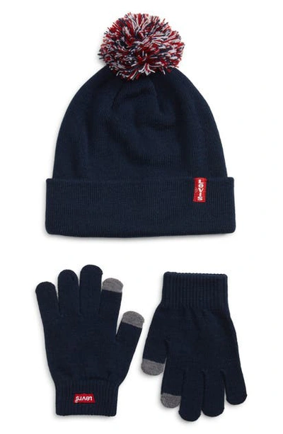 Shop Levi's Pompom Beanie & Touchscreen Gloves Set In Dress Blues