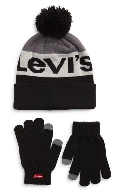 Shop Levi's Pompom Beanie & Touchscreen Gloves Set In Black