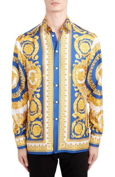 Shop Versace Barocco Button-up Silk Shirt In Blue Print