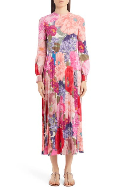Shop Valentino Floral Print Pleated Long Sleeve Silk Midi Dress In Avorio/ Multicolor