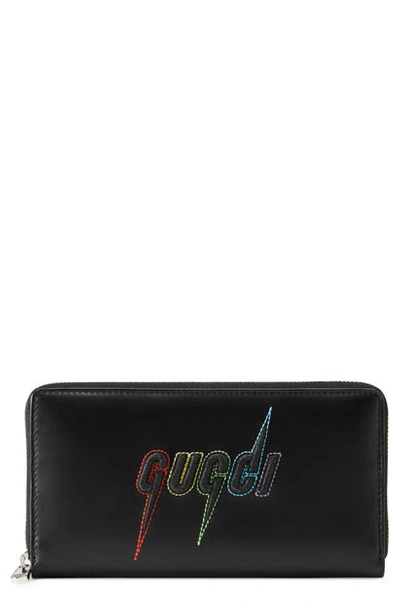 Shop Gucci Blade Embroidered Zip Around Wallet In Black