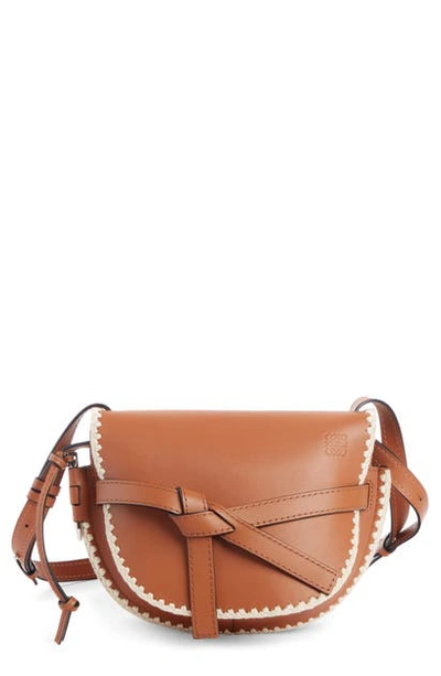 Shop Loewe Small Gate Crochet Leather Crossbody Bag In Tan