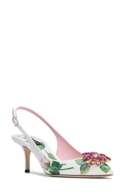 Shop Dolce & Gabbana Rose Embellished Pointed Toe Slingback Pump In White/ Pink