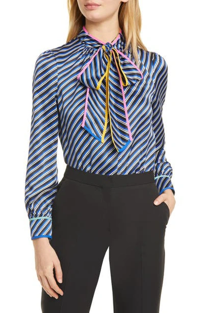 Shop Tory Burch Bias Stripe Contrast Binding Silk Bow Blouse In Blue Bias Stripe