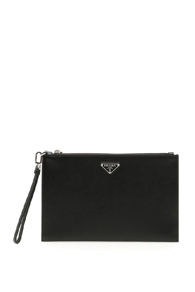 Shop Prada Logo Plaque Zip Clutch Bag In Black