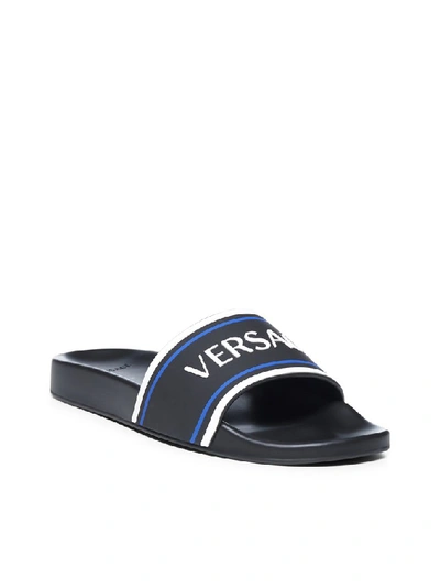 Shop Versace Logo Embossed Slides In Black