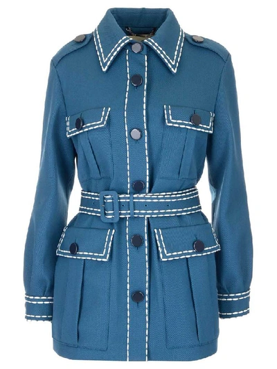 Shop Fendi Belted Stitch Detail Coat In Blue