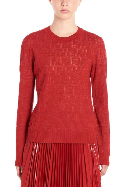 Shop Fendi Logo Monogram Jacquard Sweater In Red