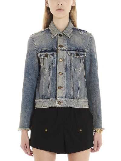 Shop Saint Laurent Destroyed Denim Jacket In Blue