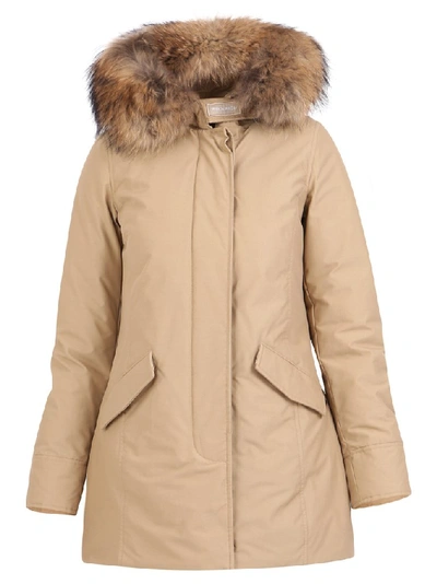 Shop Woolrich Hooded Fur Trimmed Coat In Beige