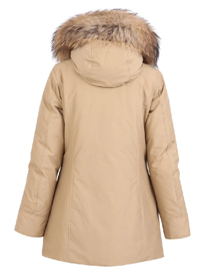 Shop Woolrich Hooded Fur Trimmed Coat In Beige