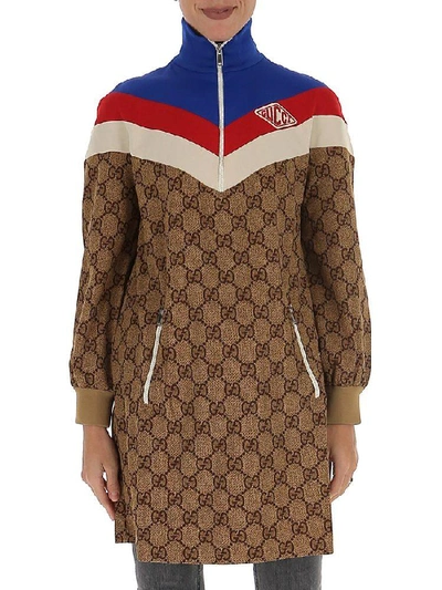 Shop Gucci Gg Panelled Dress In Brown