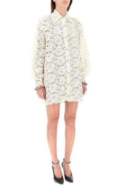 Shop Gucci Lace Embellished Mini Shirt Dress In Bianco