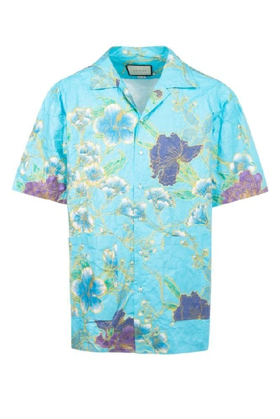 Shop Gucci Oversized Floral Paper Effect Shirt In Blue