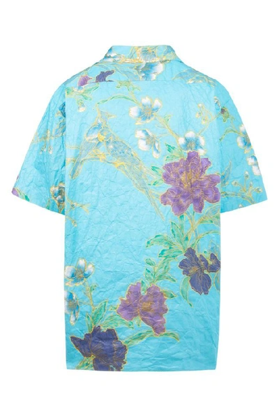 Shop Gucci Oversized Floral Paper Effect Shirt In Blue