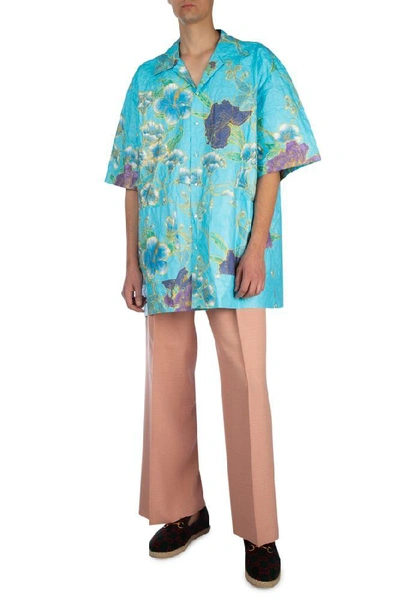 Shop Gucci Oversized Floral Paper Effect Shirt In Blue