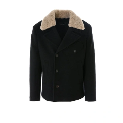 Shop Neil Barrett Double Breasted Shearling Collared Jacket In Black