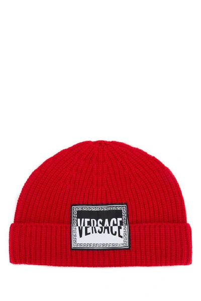 Shop Versace Logo Patch Beanie In Red