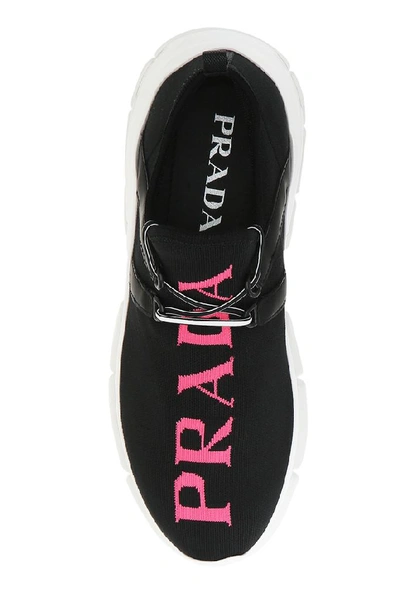 Shop Prada Knit Logo Sneakers In Black