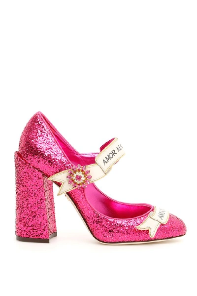 Shop Dolce & Gabbana Slogan Glitter Mary Janes In Pink