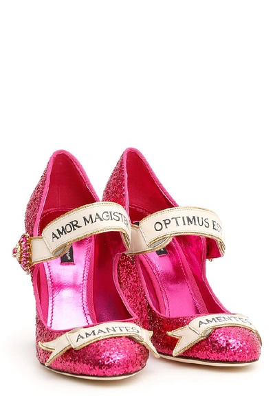 Shop Dolce & Gabbana Slogan Glitter Mary Janes In Pink