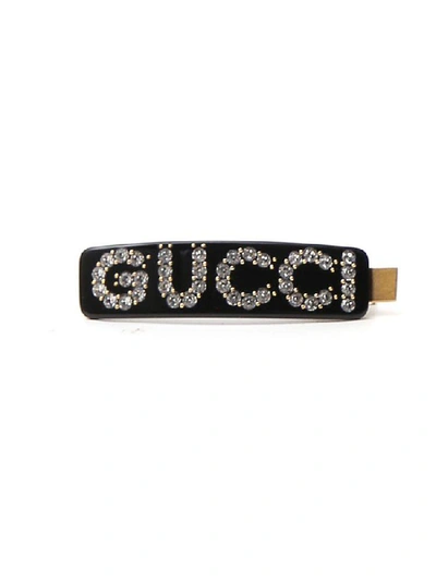 Shop Gucci Logo Crystal Embellished Hair Clip In Multi