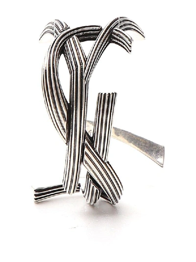 Shop Saint Laurent Braided Monogram Cuff In Silver