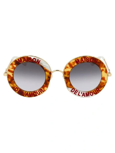 Shop Gucci Eyewear Slogan Printed Round Sunglasses In Metallic