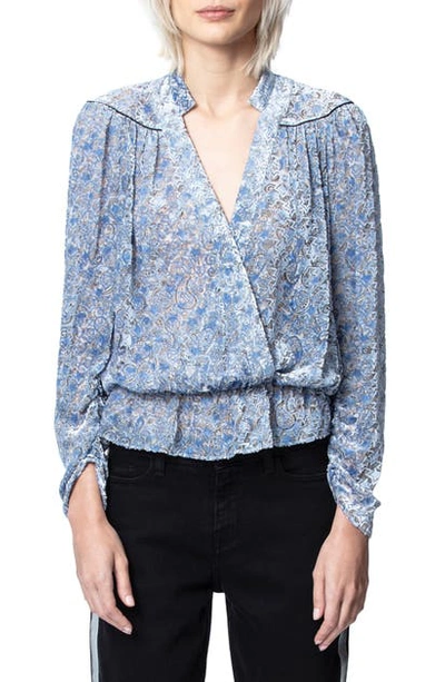 Shop Zadig & Voltaire Tori Paisley Burnout Velvet Long Sleeve Blouse In Bleuet