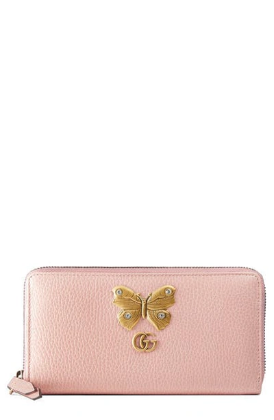Shop Gucci Farfalla Zip Around Leather Wallet In Perfect Pink/ Crystal