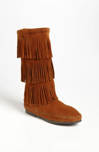 Shop Minnetonka 3-layer Fringe Boot In Brown Suede