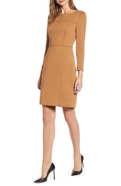 Shop Anne Klein Long Sleeve Ponte Sheath Dress In Vicuna