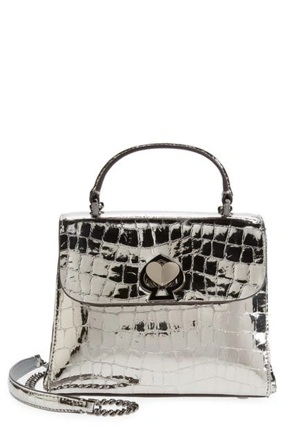 Shop Kate Spade Romy Metallic Croc-embossed Leather Top Handle Bag In Gunmetal