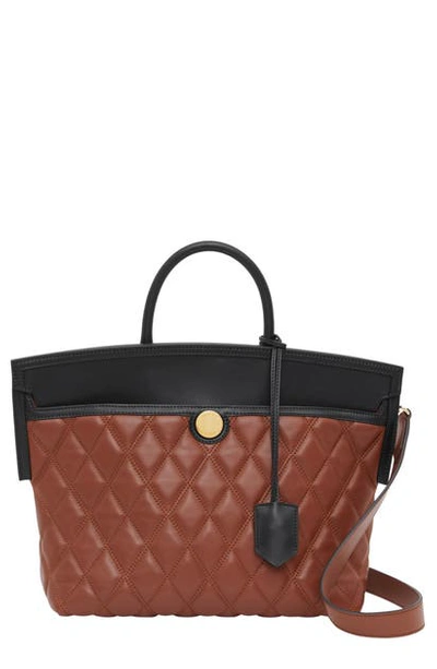 Shop Burberry Small Society Quilted Leather Top Handle Tote In Tan