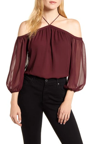 Shop 1.state Off The Shoulder Sheer Chiffon Blouse In Mahogany