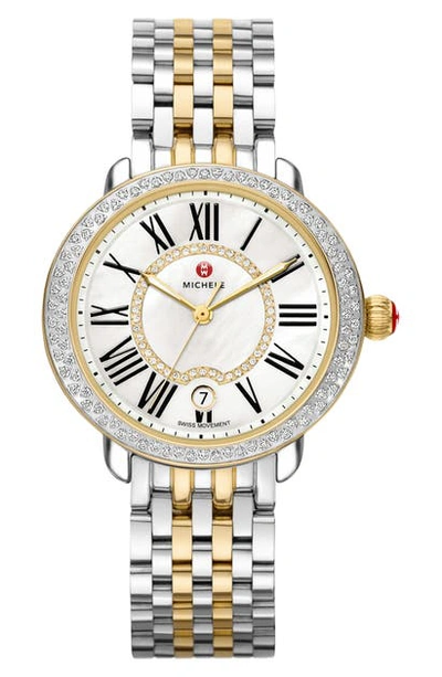 Shop Michele Serein Diamond Bracelet Watch, 36mm In Gold/ Silver/ Gold