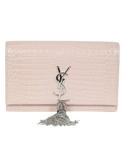 Shop Saint Laurent Kate Croc Wallet On Chain In Pink