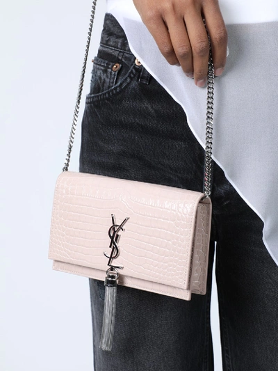 Shop Saint Laurent Kate Croc Wallet On Chain In Pink