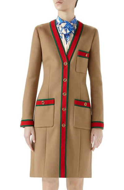 Shop Gucci Wool Stripe Trim Coat In Camel